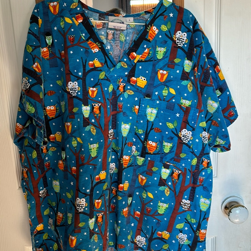 Cute owl pattern scrub top.